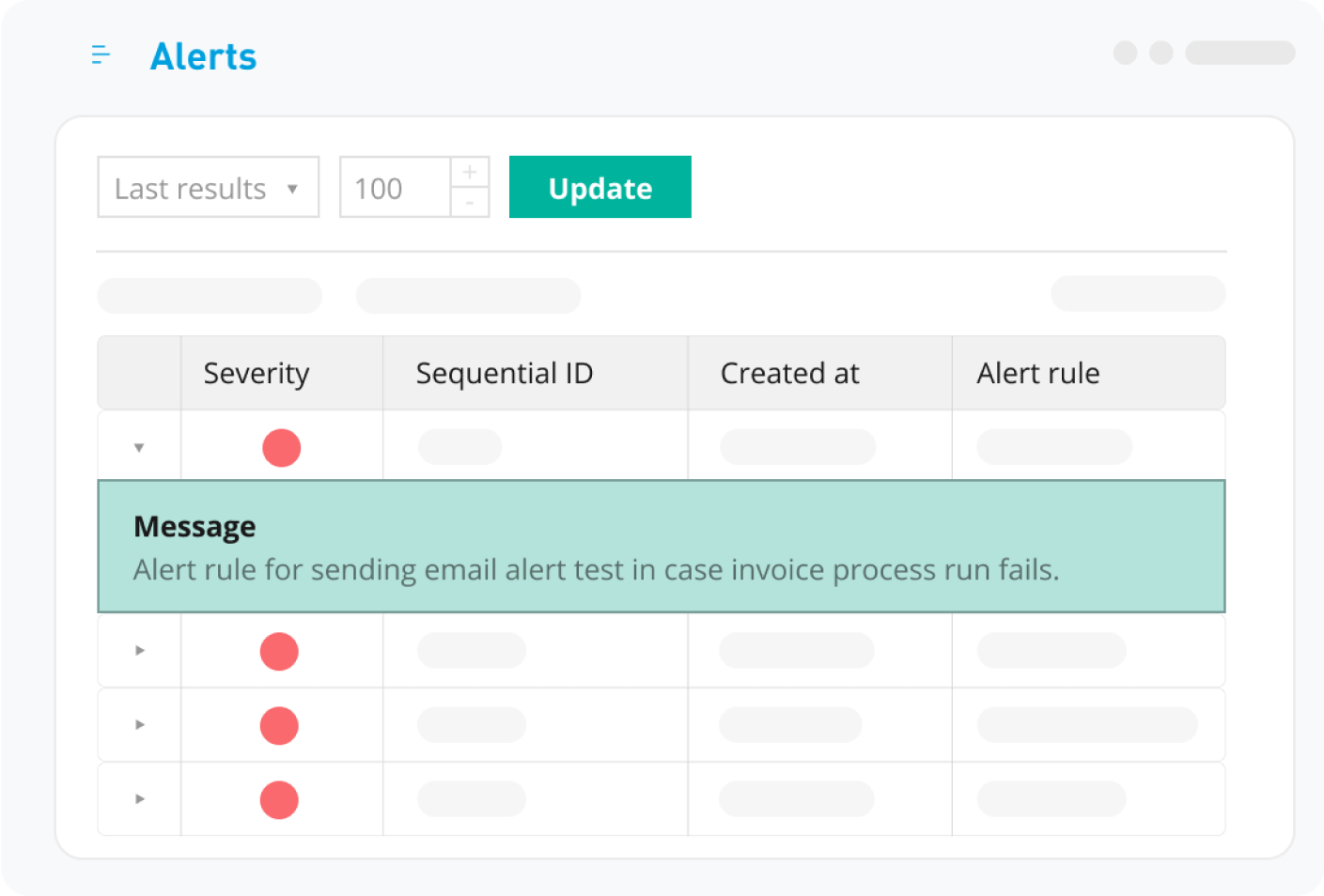 MuleSoft RPA Manager screen showing alert rules for immediate error notifications in your flow.