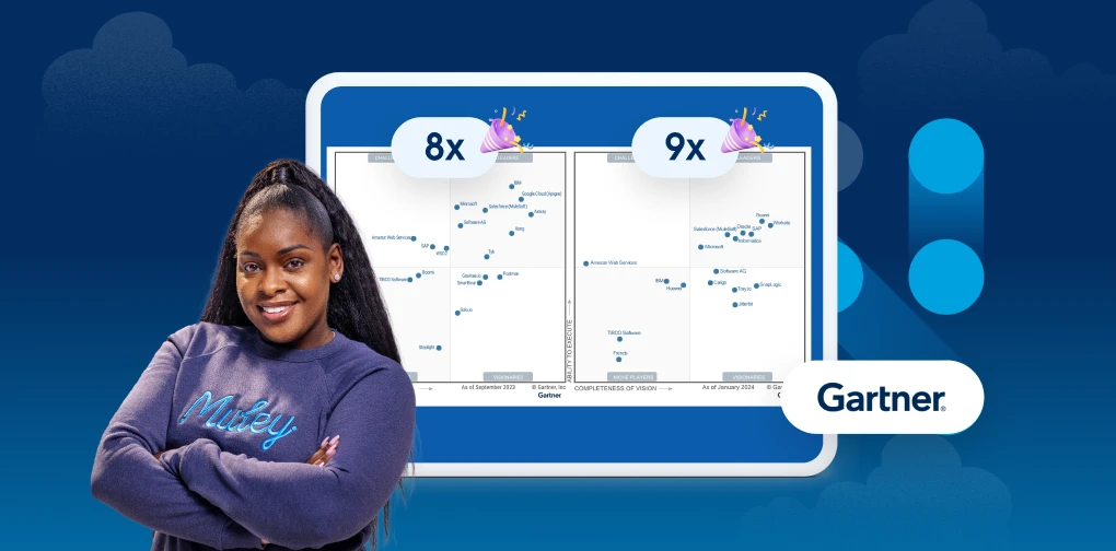A woman in a MuleSoft sweatshirt standing in front of a graphic of the Gartner Magic Quadrant report.