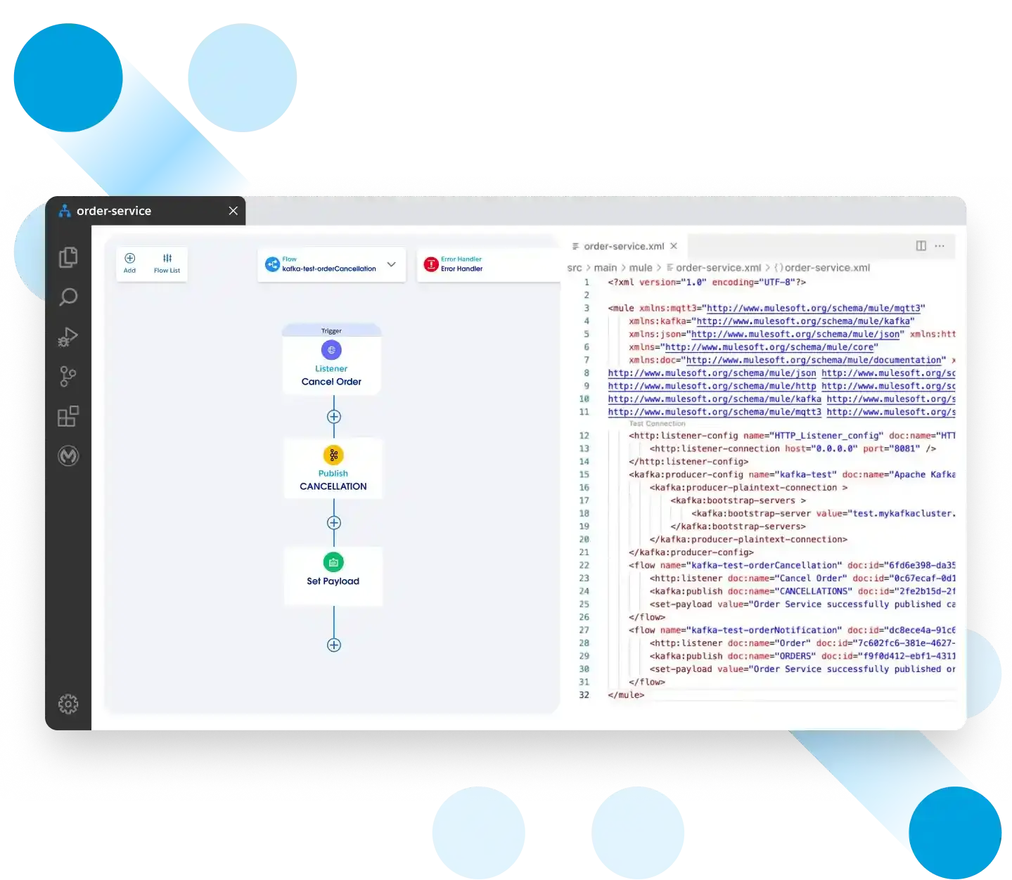 A graphic showing how to implement event-driven applications using MuleSoft’s IDEs.