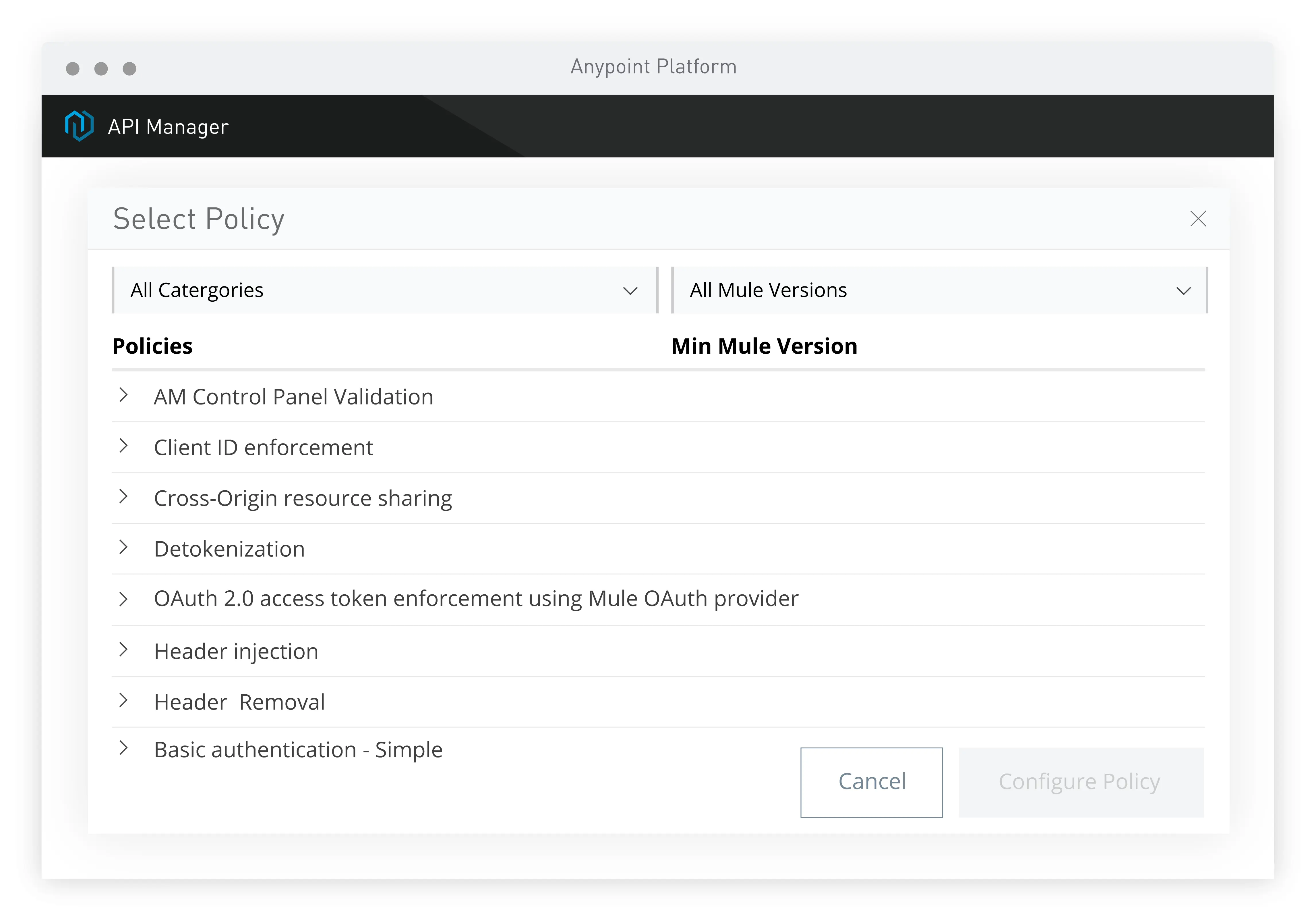 Anypoint Platform API Manager Políticas predefinidas ou personalizadas