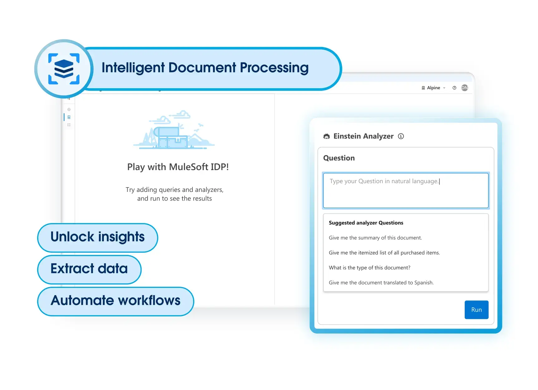 A graphic that details how Intelligent Document Processing with MuleSoft enables business users to use AI.