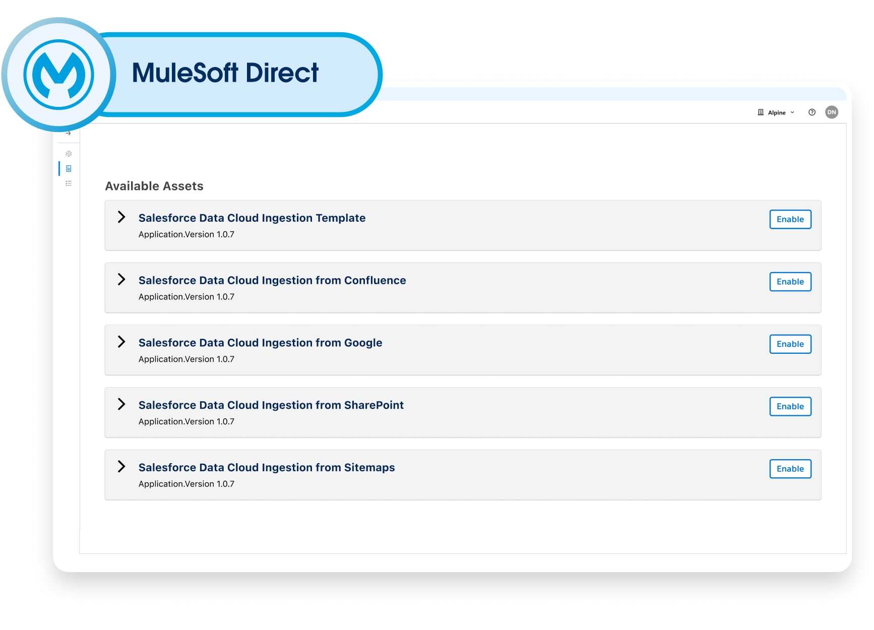 An image showing the pre-built integrations for Data Cloud in MuleSoft Direct.