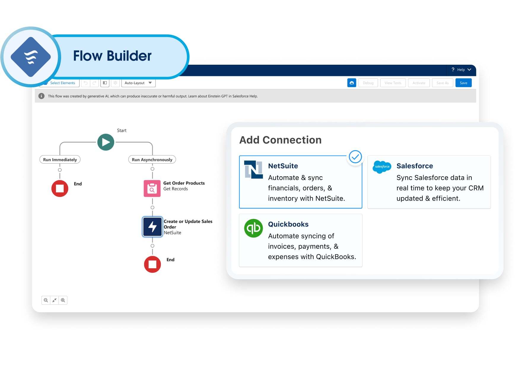 A graphic showing the how to use out-of-the-box connectors with Flow Builder.