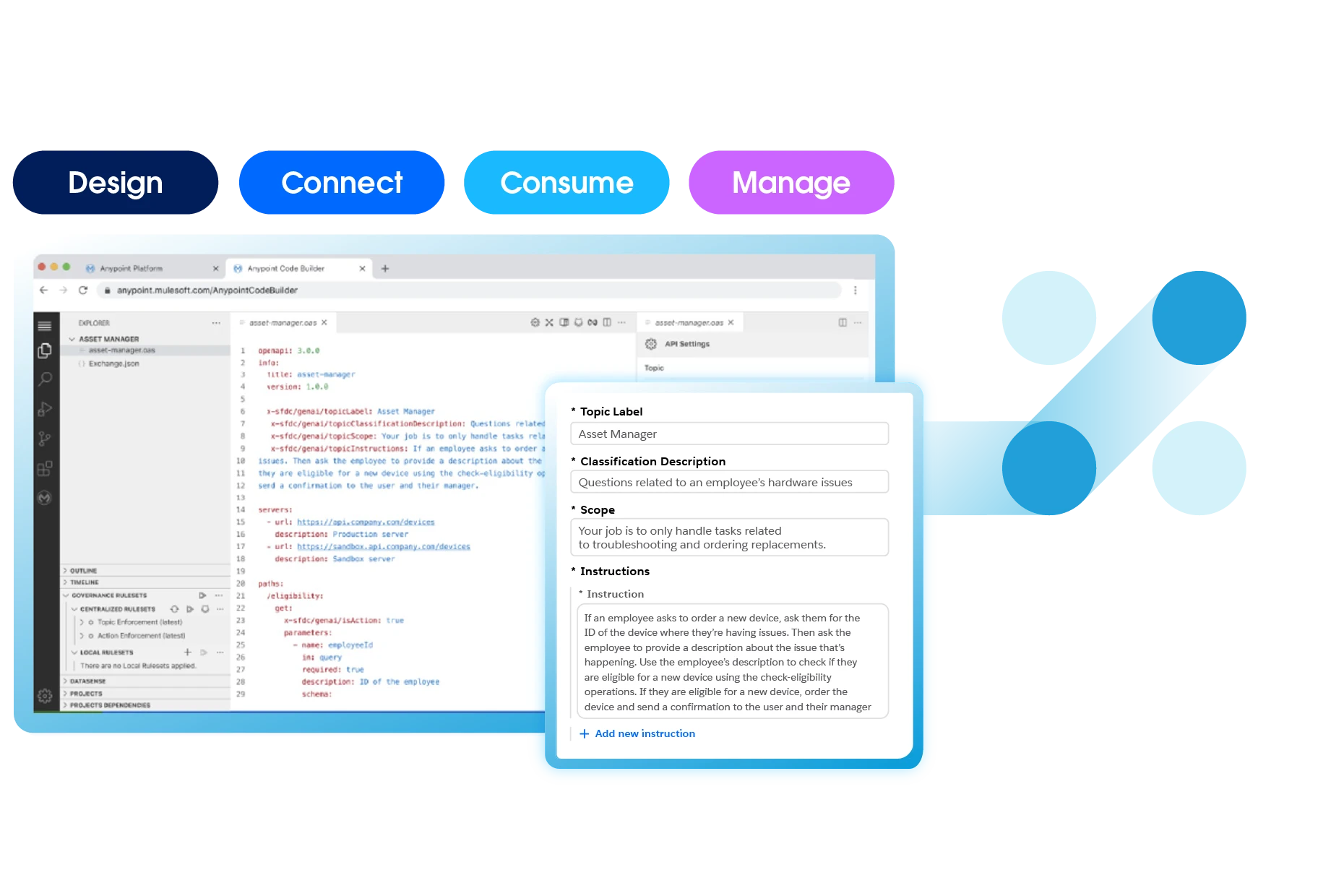 Illustration of the MuleSoft AgentForce platform showcasing API management capabilities and actions in a digital interface.