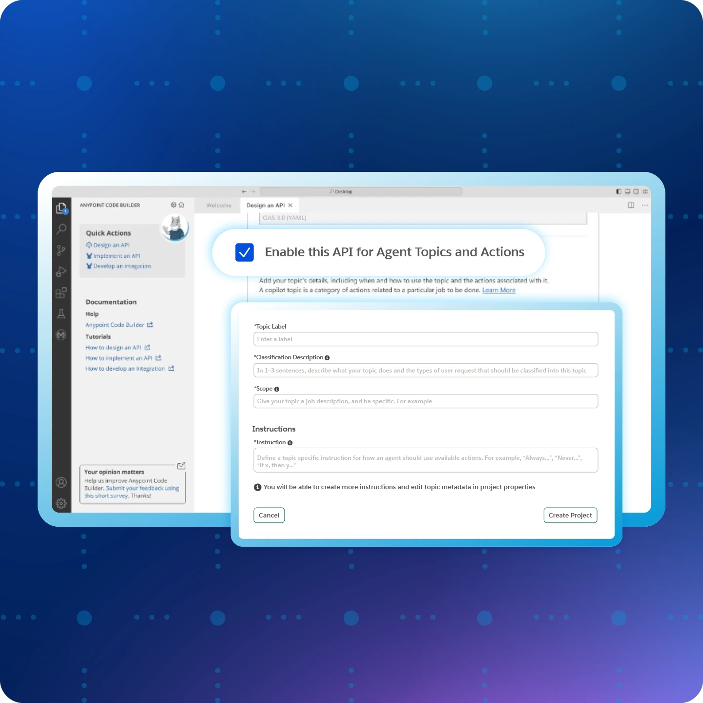 Illustration of MuleSoft Agentforce Topic Center interface, showcasing the integration of MuleSoft APIs with Agentforce for generating actionable AI topics and instructions.