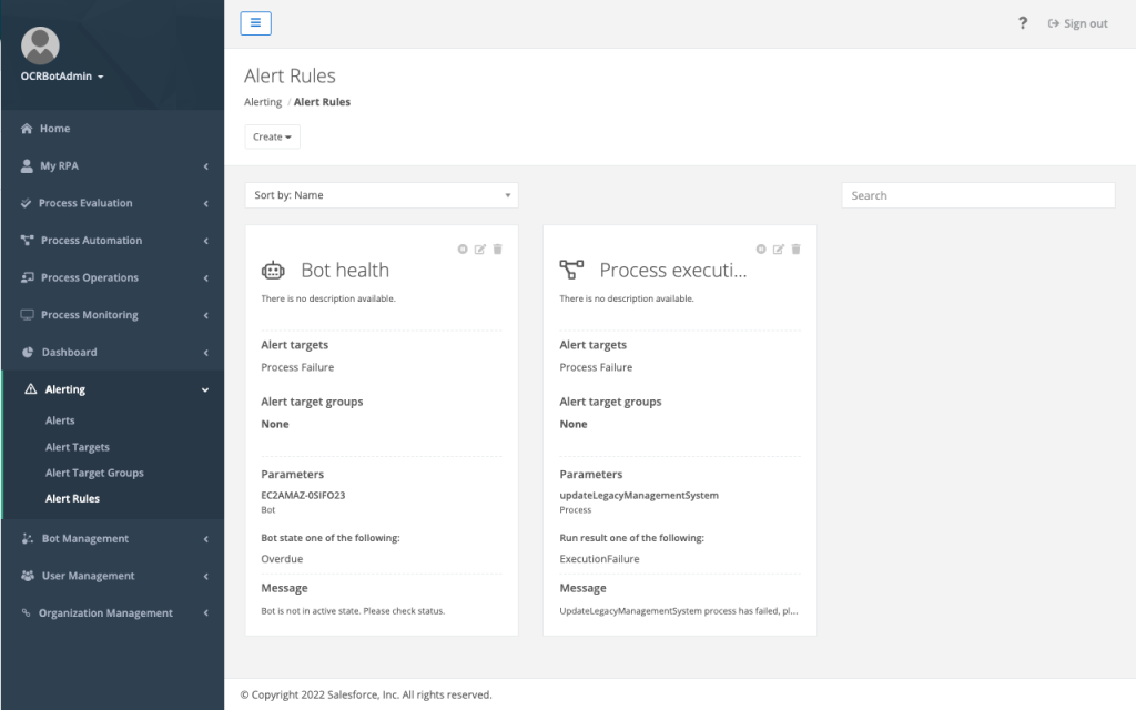 An image showing how alert rules are set up in MuleSoft RPA.