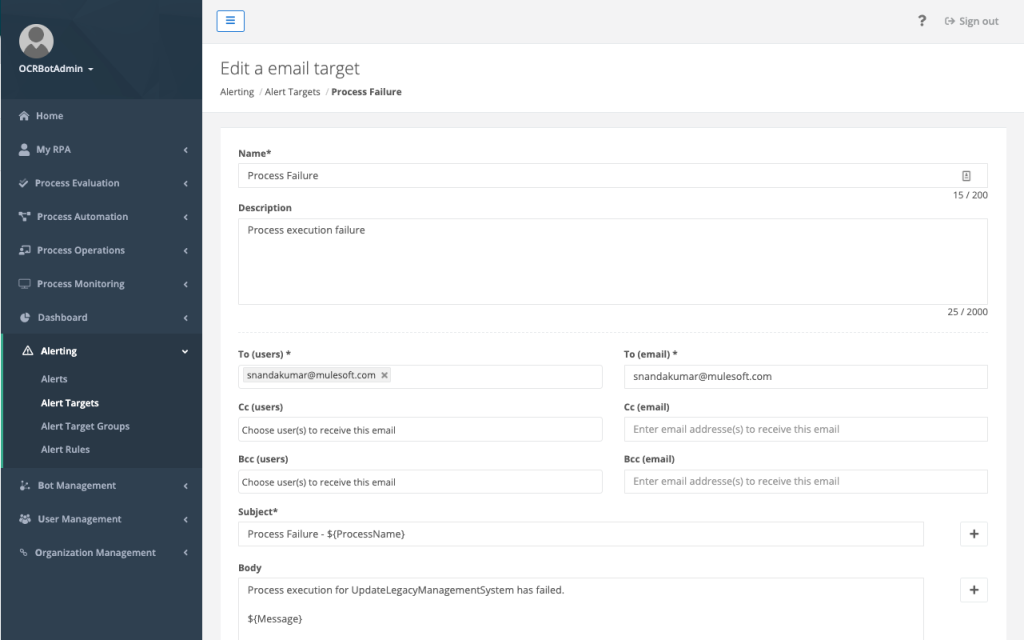 An image showing the alert target capabilities in MuleSoft RPA.