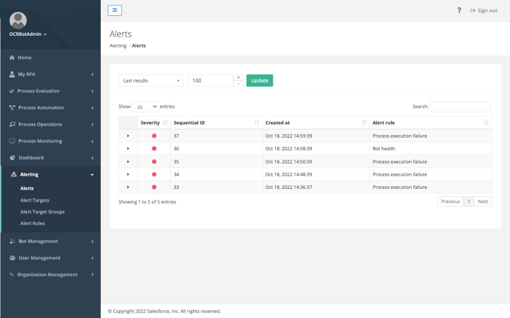 An image showing how the MuleSoft RPA alerts page shows the history for organizations.