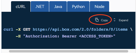 Figure 20: Box API provides sample calls in cURL, Java, C#, Node.js, Python with one-click copy.