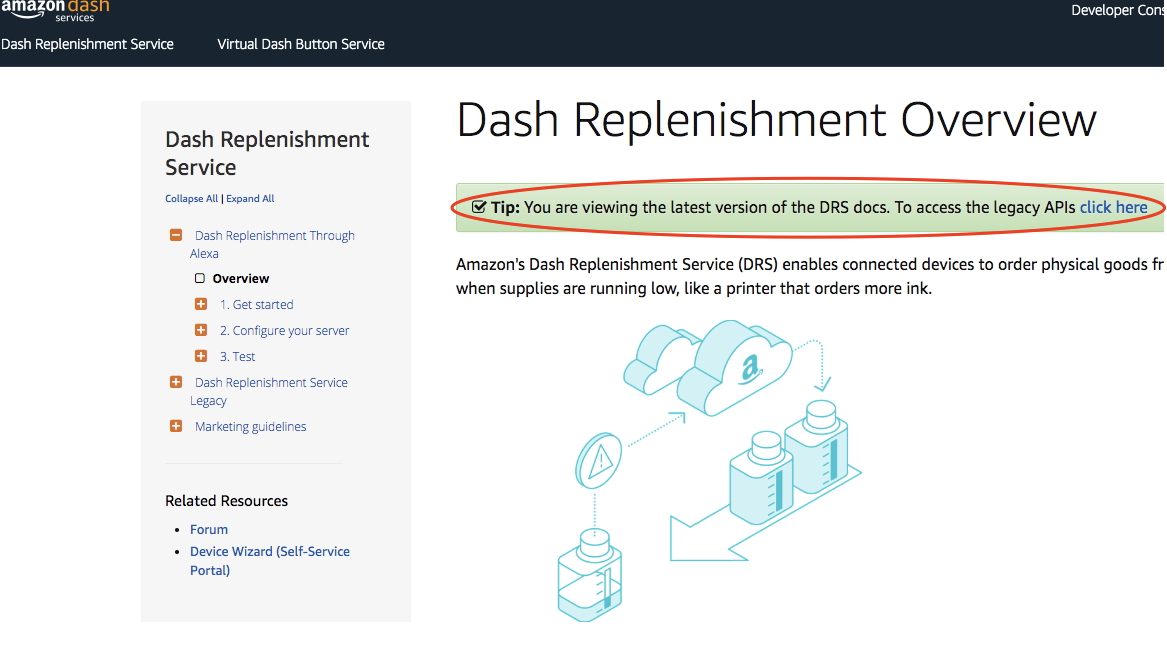 Figure 22b: Amazon links to explore legacy and new Dash Replenishment APIs