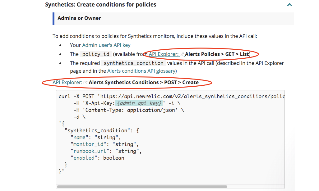 New Relic's API reference includes contextual links to its API Explorer with preloaded calls.