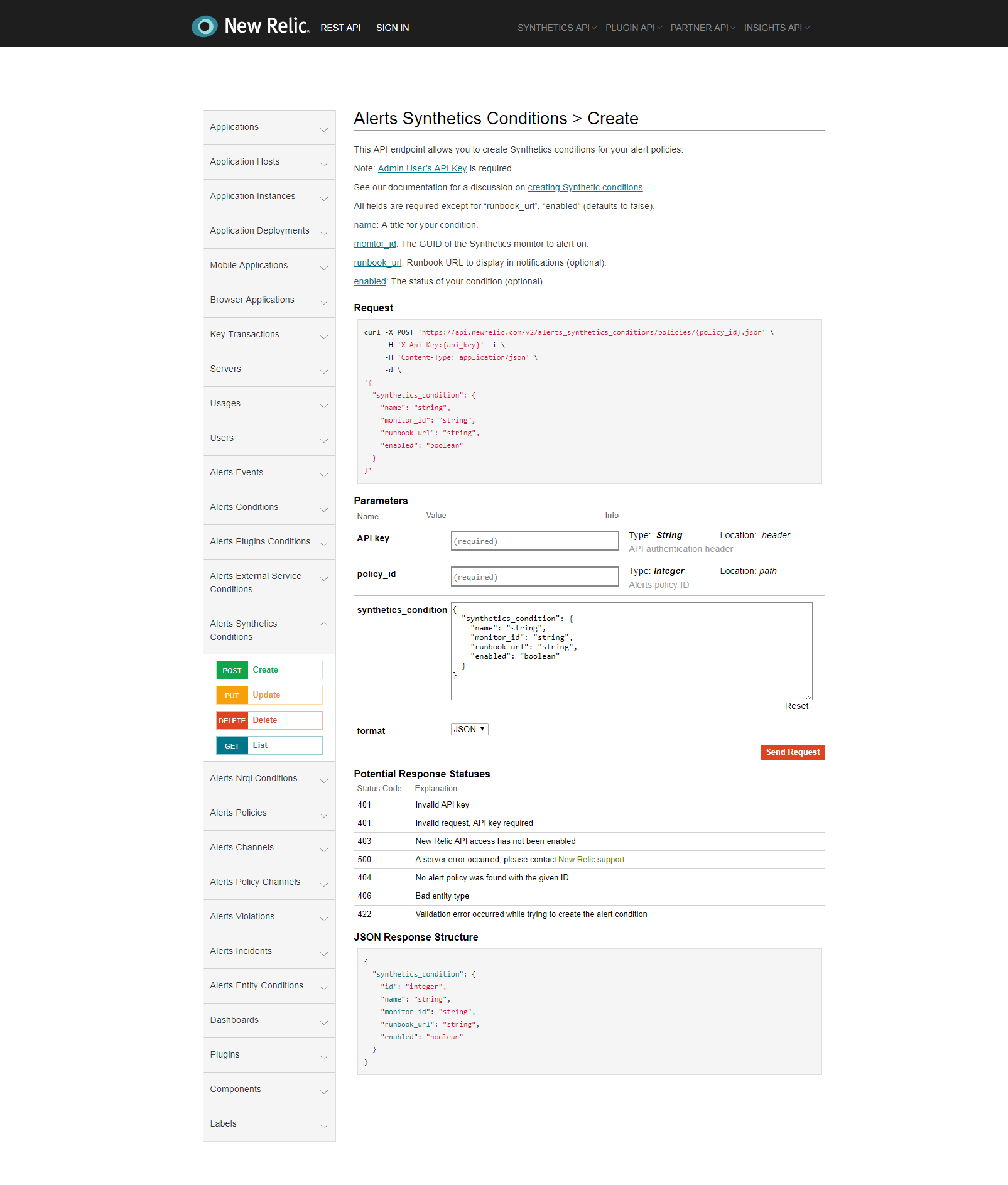 New Relic's console with an API call pre-populated from a contextual link in the API reference.
