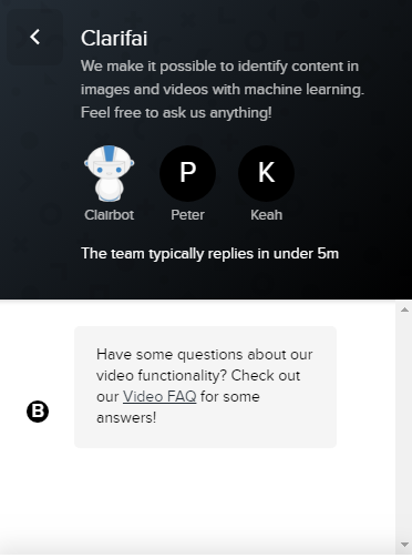 Figure 36: Clarifai support teams with an AI support bot dubbed Clairbot.
