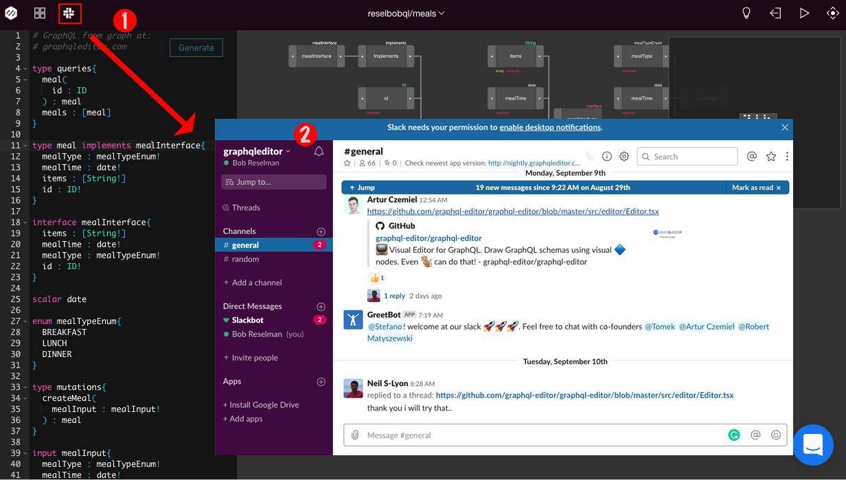 Figure 37: Click the upper left icon (1) to access the GraphQL Editor Slack channel web page (2).