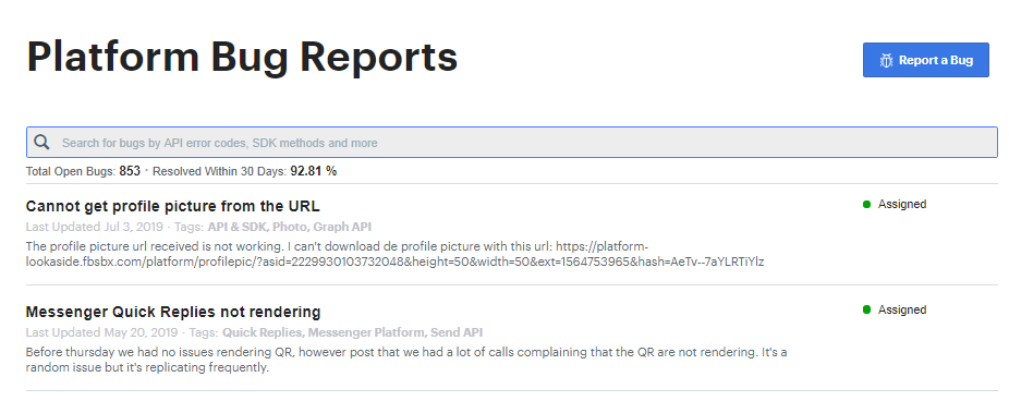 Facebook developers can report, monitor, and check the status of bugs, including previous reports.