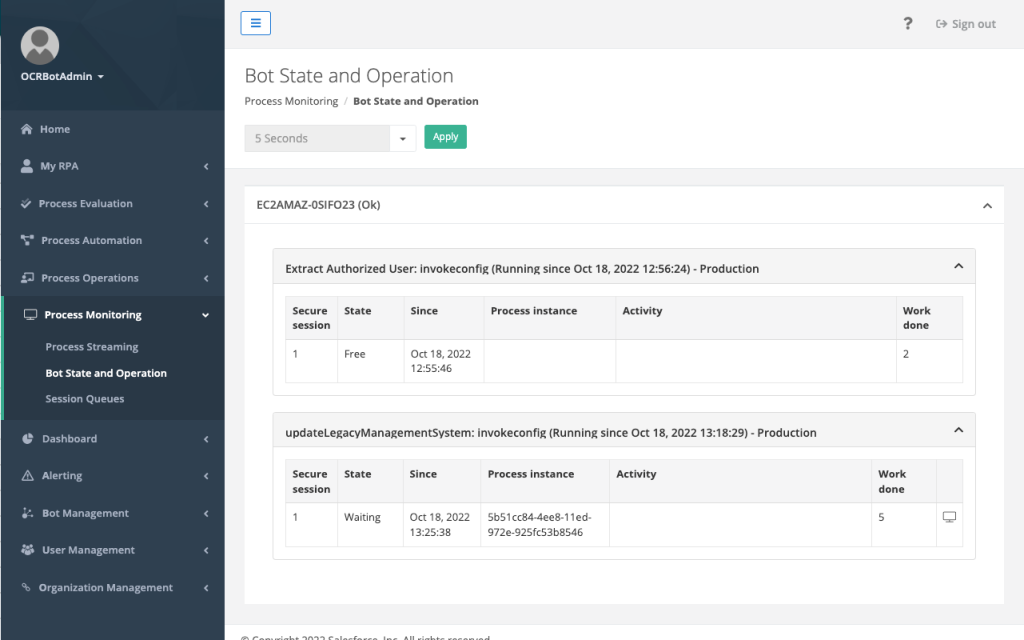 An image showing the Bot State and Operation view in MuleSoft RPA.