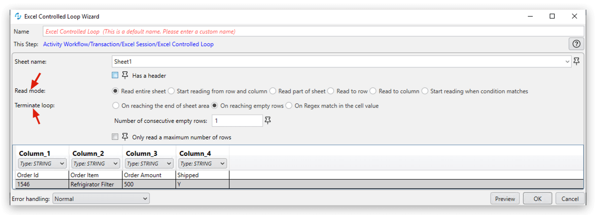 Screenshot of the Excel Controlled Loop Wizard in MuleSoft RPA, illustrating how to automate iteration through Excel data rows in robotic process automation workflows.