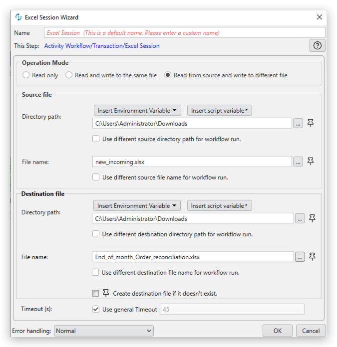 Screenshot of the Excel Session Wizard in MuleSoft RPA, highlighting the configuration options for automating Excel file operations.