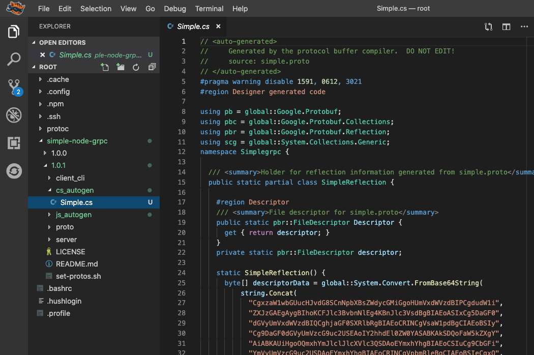 Figure 6: The results of using protoc to auto-generate C# code