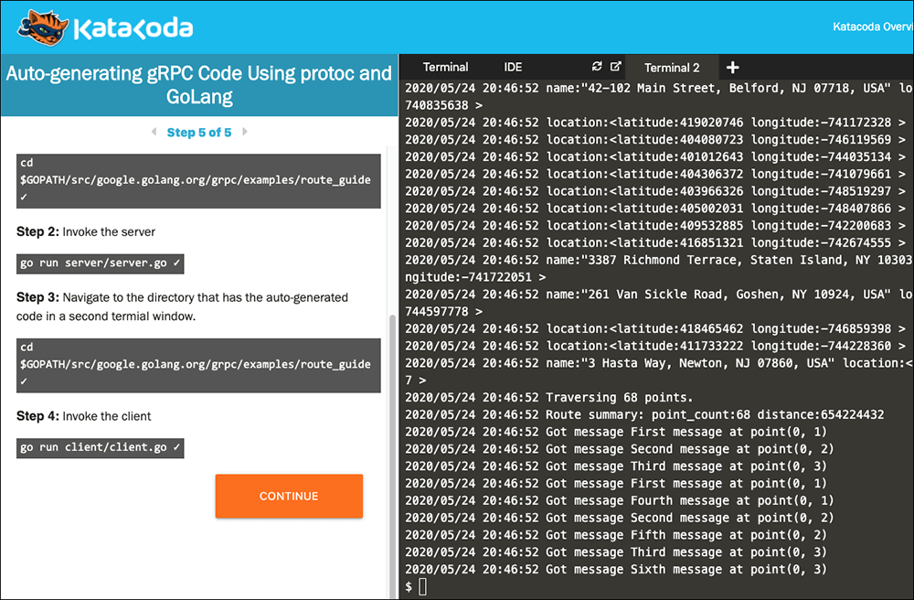 Katacoda interactive lesson on using protoc to auto-generate message and service code in GoLang.