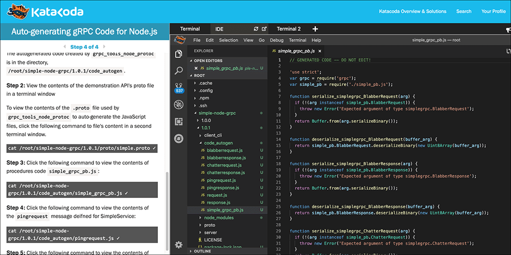 Figure 8: Katacoda auto-generates Node.js code for gRPC procedures and messages from .proto file