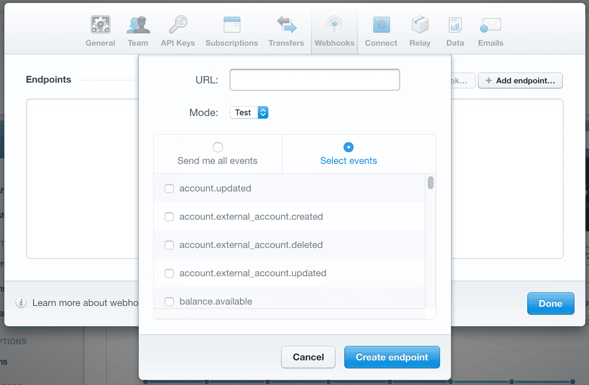 Stripe webhooks settings