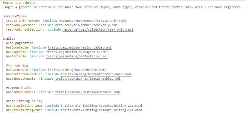 Screenshot of a RAML library that contains a generic collection of reusable RAML resource types and traits