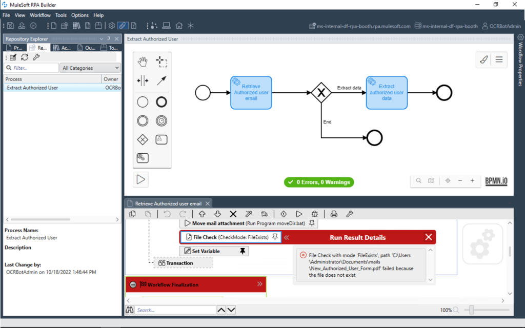 An image showing how MuleSoft RPA provides error reports with a detailed description.