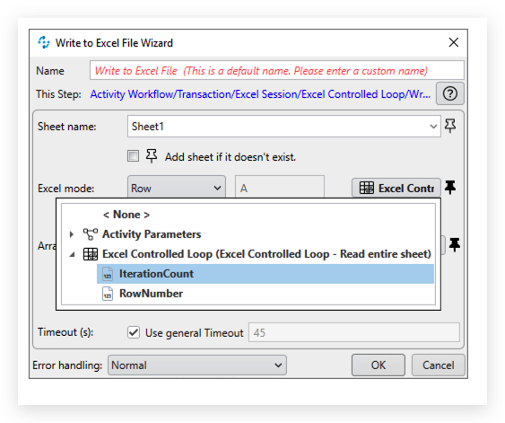 Screenshot of the Read from Excel File Wizard with Iteration Count in MuleSoft RPA, showcasing the setup for iterating data extraction in automation workflows.