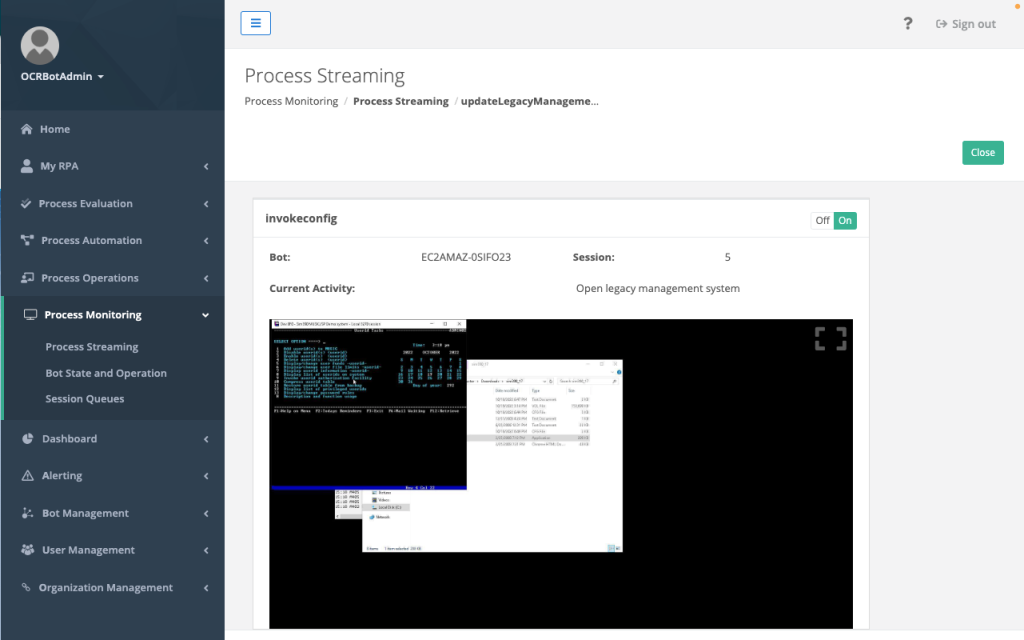 An image showing a live view of the RPA process session.