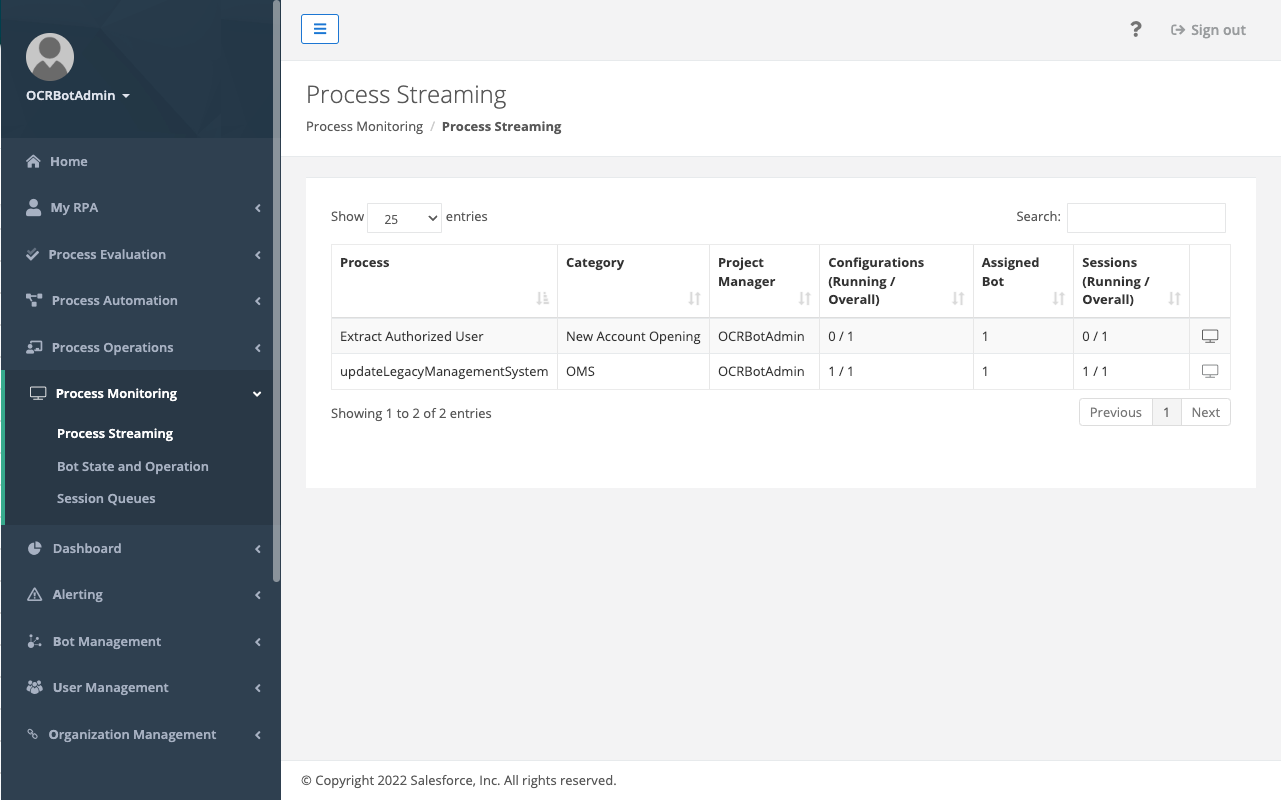 An image of the Process Automation Streaming view from MuleSoft RPA.