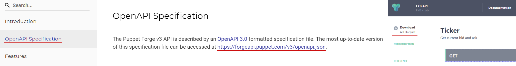 Puppet Forge displays API description; FYB offers API Blueprint download link.