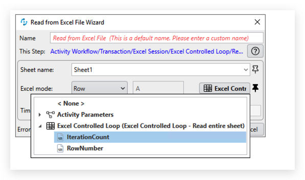 Screenshot of the Read from Excel File Wizard with Iteration Count in MuleSoft RPA, demonstrating how to configure automated data extraction with controlled iteration from Excel sheets.