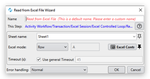 Screenshot of the Read from Excel File Wizard in MuleSoft RPA, showing how to configure data extraction from Excel spreadsheets for automated processes.