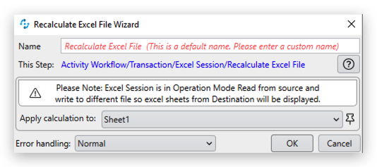 Screenshot of the Recalculate Excel File Wizard in MuleSoft RPA, illustrating the options for automating recalculations in Excel spreadsheets.