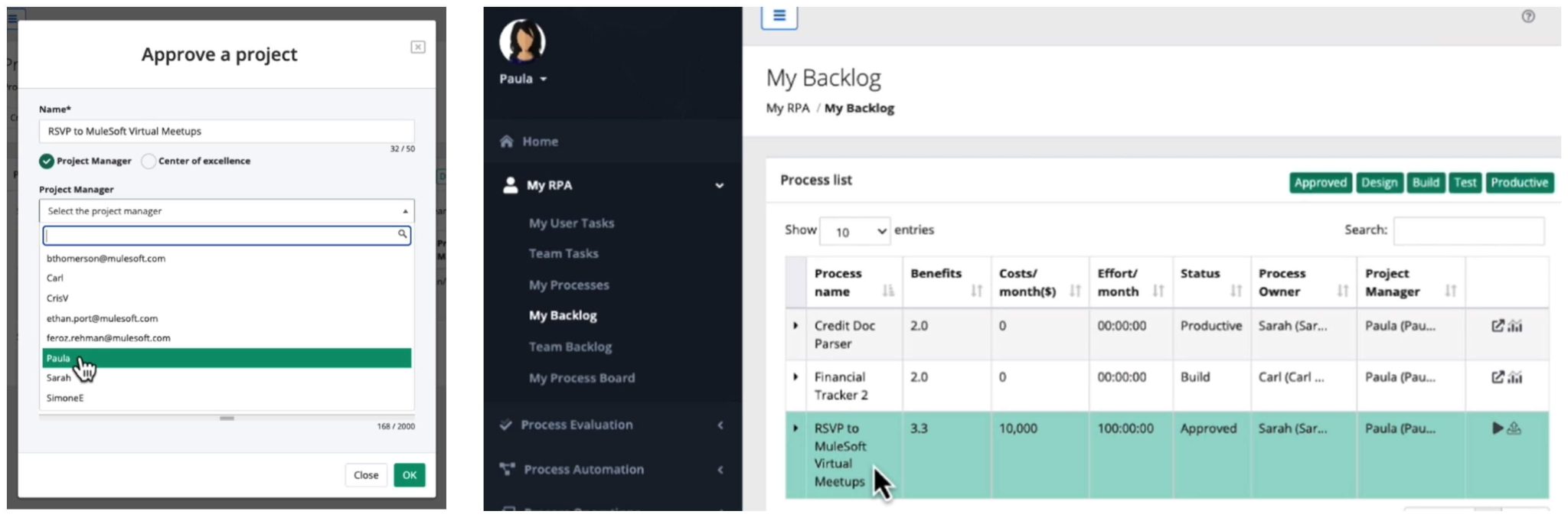 An image of the project manager's backlog in MuleSoft RPA.