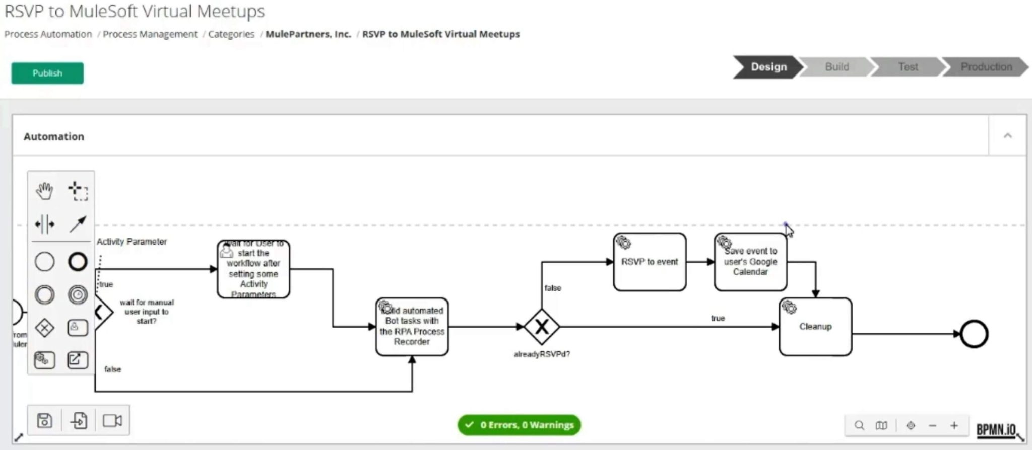 An image showing how to design BPMNs in MuleSoft RPA.