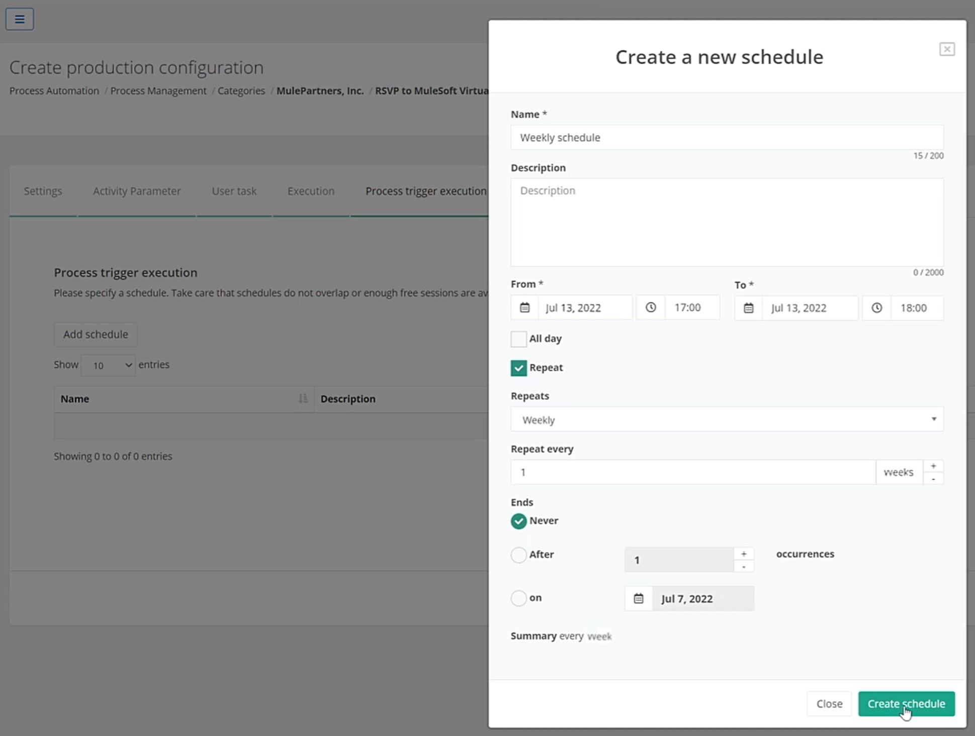 An image showing how to create a schedule for production in MuleSoft RPA.