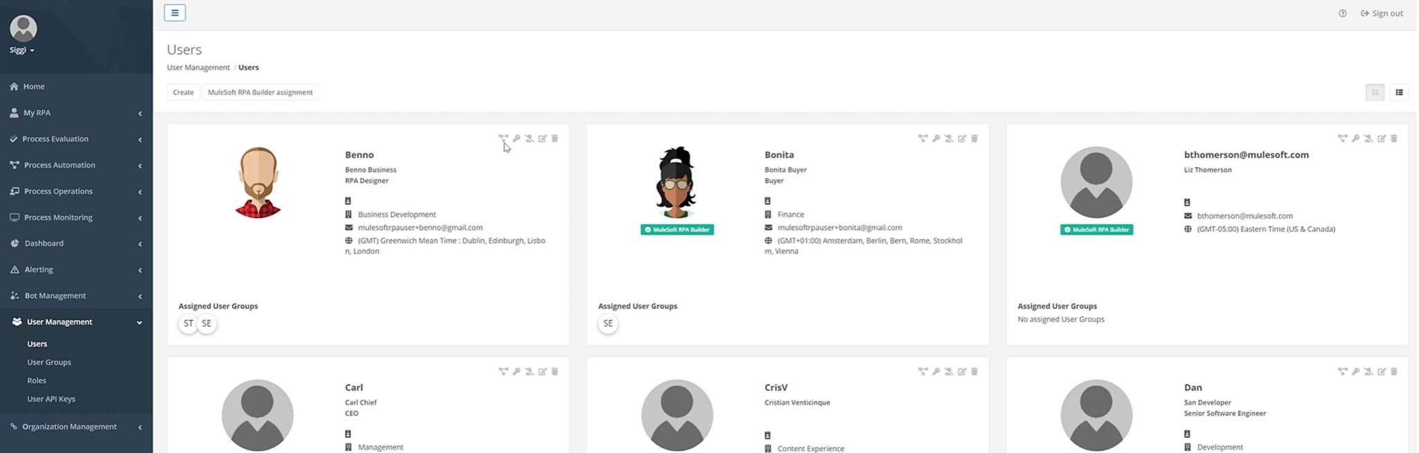 An image of the different roles and user permissions in MuleSoft RPA.