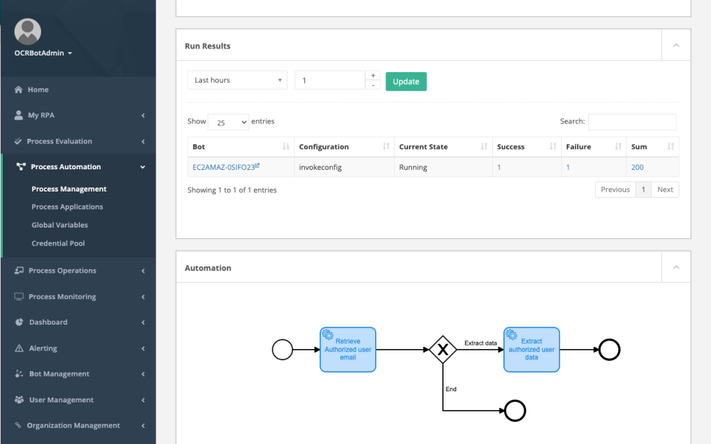 An image showing the RPA Manager Process Run Results page.