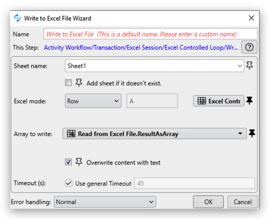 Screenshot of the Write to Excel File Wizard in MuleSoft RPA, showing the configuration options for automating data entry into Excel spreadsheets.